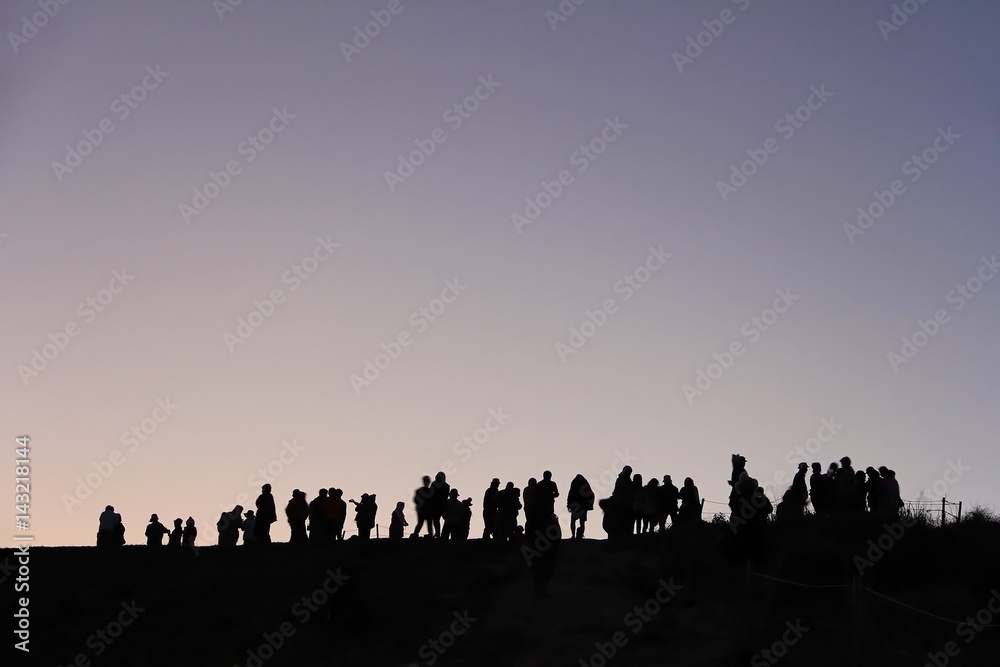 Silhouette of people looking at view against sky in the evening