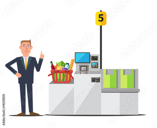 Vector male customer in a business suit using self checkout register. Red shopping basket full of grocery. Grey metal self service machine with cash and card payment, and bagging area