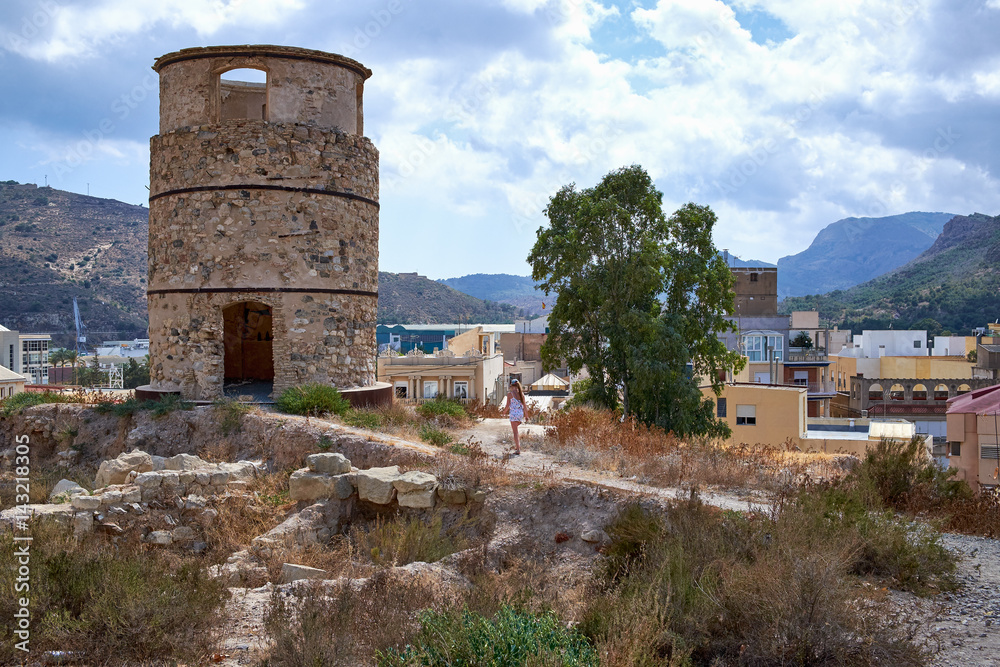An ancient watchtower on a hill. Cartagena, Spain.