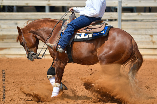 A side view of a rider sliding the horse in the dirt