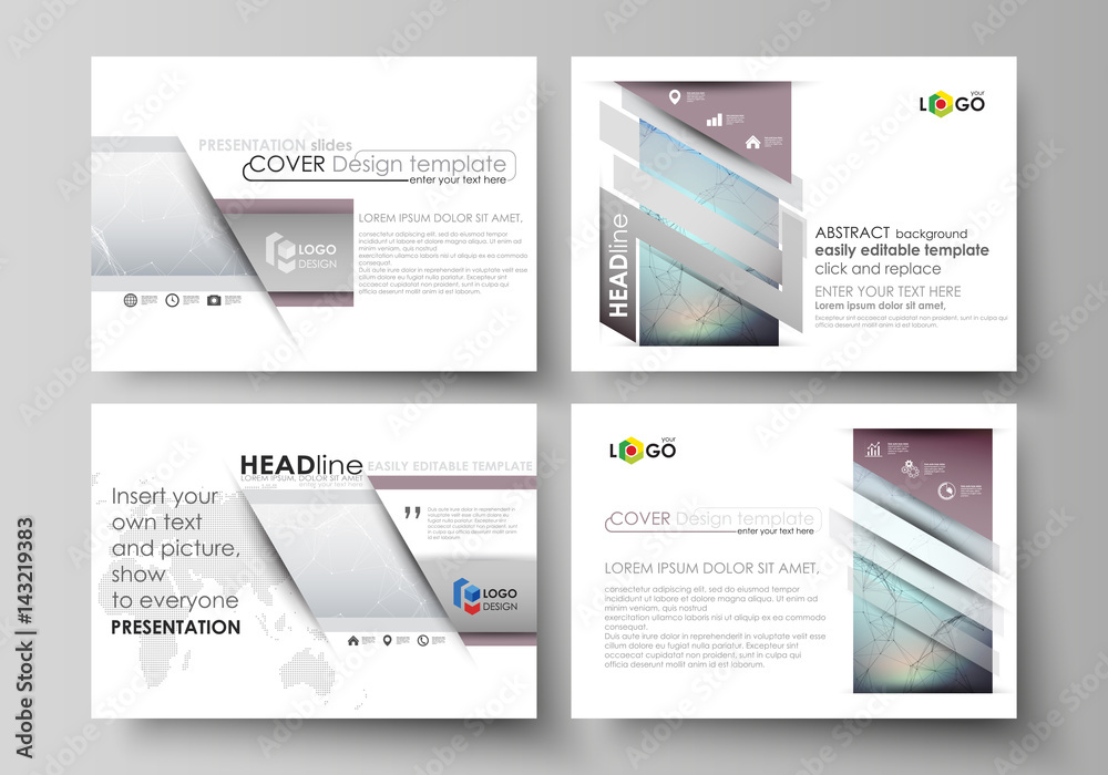 Set of business templates for presentation slides. Abstract vector layouts in flat design. Compounds lines and dots. Big data visualization in minimal style. Graphic communication background.