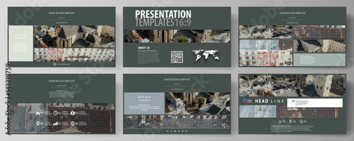 Business templates in HD format for presentation slides. Easy editable abstract vector layouts in flat design. Colorful background made of dotted texture for travel business, urban cityscape.
