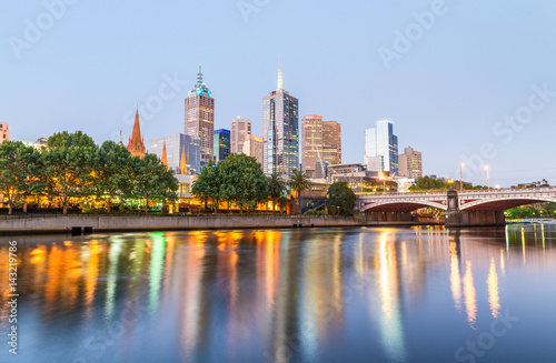 Melbourne skyline along Yarra river at sunset, Australia