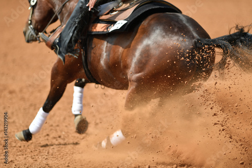 Fototapeta Naklejka Na Ścianę i Meble -  A rear view of a rider sliding the horse in the dirt