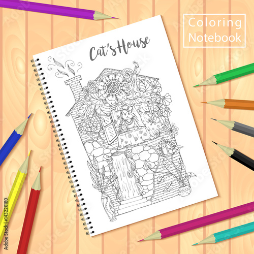 Spiral bound notepad or coloring book with colorful pencils and coloring pages picture, house with cat. Vector template or mock up. Easy to place your image on the cover.Top view.