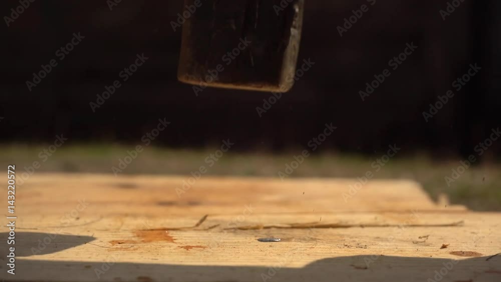 Nailing a nail into a wood board, close up Nailing a nail into a wood board, close up