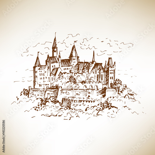 Hand drawn medieval castle sketch. Vector illustration.