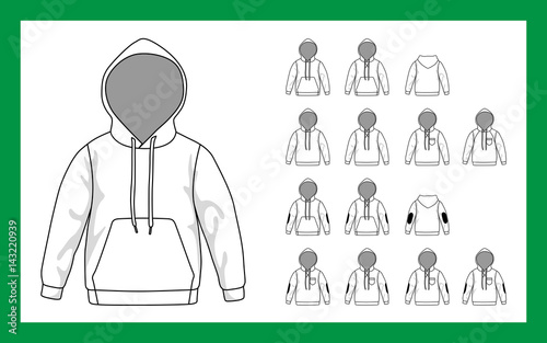 Vector template illustrations children sweatshirt with hooded sleeves raglan cuffs pockets stripe on elbows
