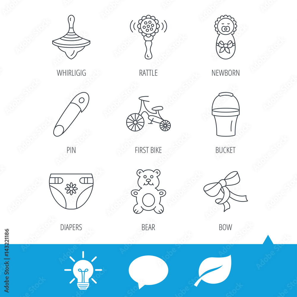 Newborn, diapers and bear toy icons. First bike, bow and pin linear signs. Rattle, whirligig and bucket flat line icons. Light bulb, speech bubble and leaf web icons. Vector Newborn, diapers and bear toy icons. First bike, bow and pin linear signs. Rattle, whirligig and bucket flat line icons. Light bulb, speech bubble and leaf web icons. Vector
