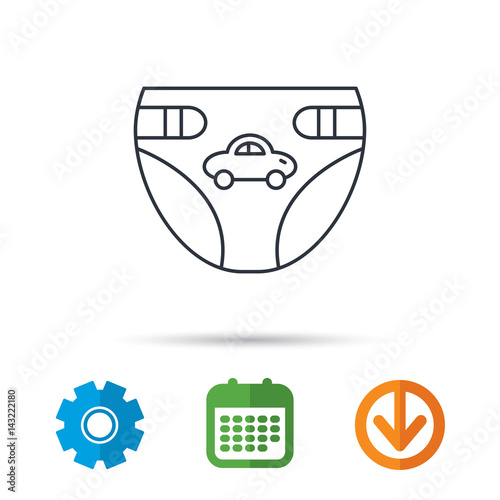 Diaper with car icon. Child underwear sign. Newborn protection symbol. Calendar, cogwheel and download arrow signs. Colored flat web icons. Vector