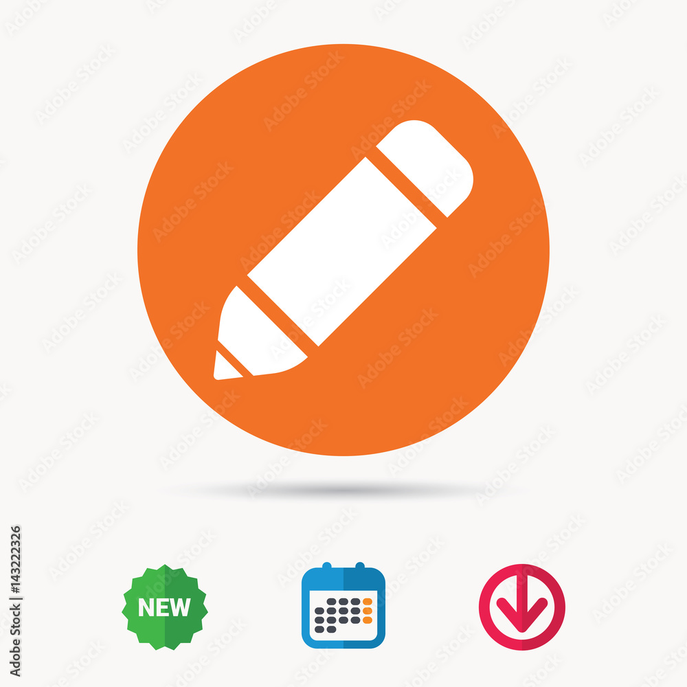 Edit icon. Pencil for drawing symbol. Calendar, download arrow and new tag signs. Colored flat web icons. Vector Edit icon. Pencil for drawing symbol. Calendar, download arrow and new tag signs. Colored flat web icons. Vector