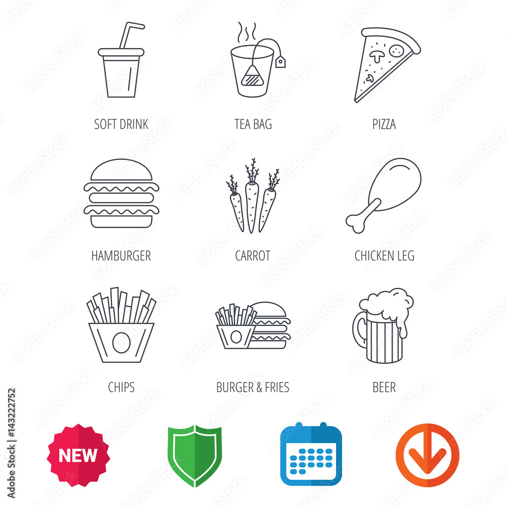 Hamburger, pizza and soft drink icons. Beer, tea bag and chips fries linear signs. Chicken leg, carrot icons. New tag, shield and calendar web icons. Download arrow. Vector