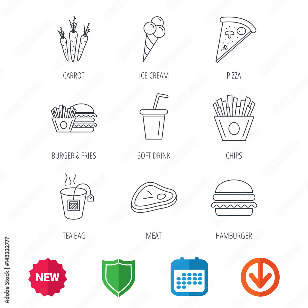 Hamburger, pizza and soft drink icons. Tea bag, meat and chips fries linear signs. Ice cream, carrot icons. New tag, shield and calendar web icons. Download arrow. Vector