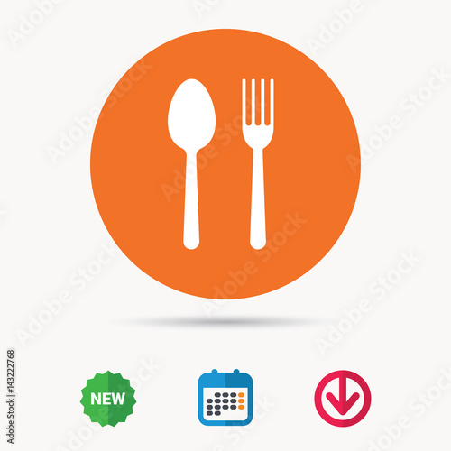 Food icons. Fork and spoon signs. Cutlery symbol. Calendar, download arrow and new tag signs. Colored flat web icons. Vector
