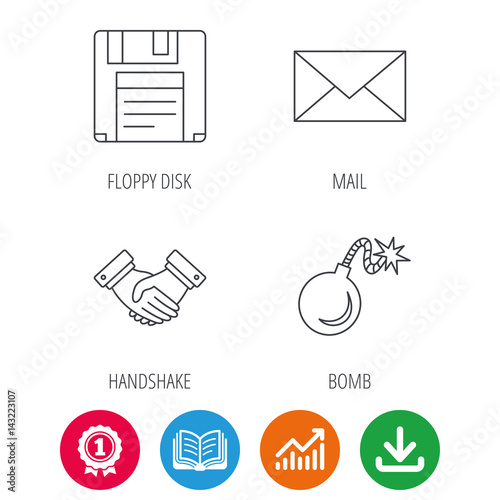 Mail, bomb and handshake icons. Floppy disk linear sign. Award medal, growth chart and opened book web icons. Download arrow. Vector