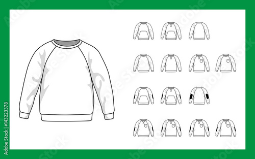 Vector template illustrations children sweatshirt with sleeves raglan cuffs pockets stripe on elbows