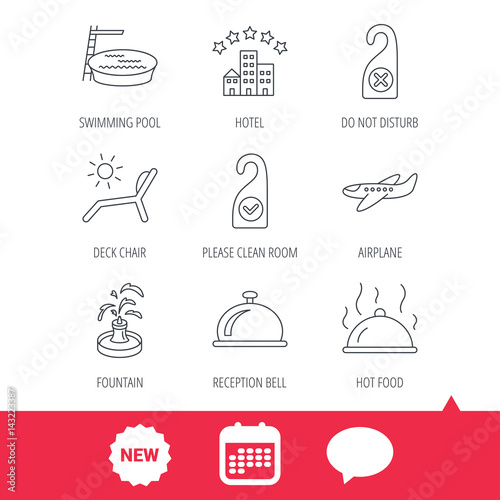 Hotel, swimming pool and beach deck chair icons. Reception bell, restaurant food and airplane linear signs. Do not disturb and clean room flat line icons. New tag, speech bubble and calendar web icons