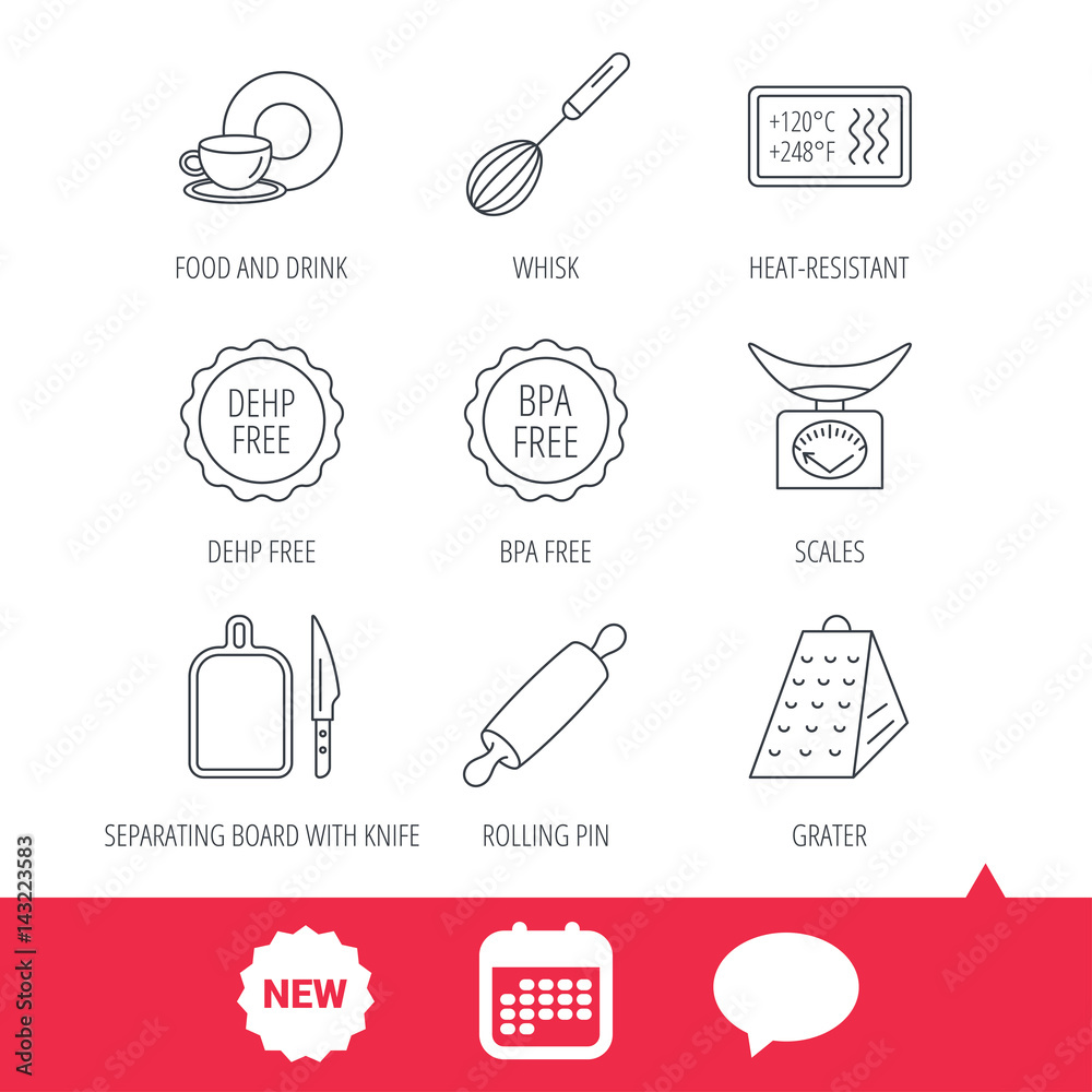 Kitchen scales, whisk and grater icons. Rolling pin, board and knife