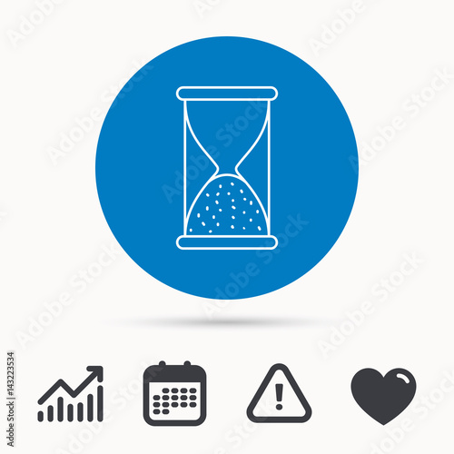 Hourglass icon. Sand end time sign. Hour ends symbol. Calendar, attention sign and growth chart. Button with web icon. Vector