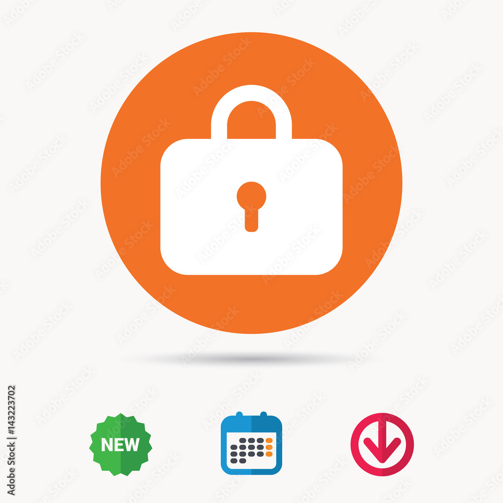 Lock icon. Privacy locker sign. Closed access symbol. Calendar, download arrow and new tag signs. Colored flat web icons. Vector Lock icon. Privacy locker sign. Closed access symbol. Calendar, download arrow and new tag signs. Colored flat web icons. Vector