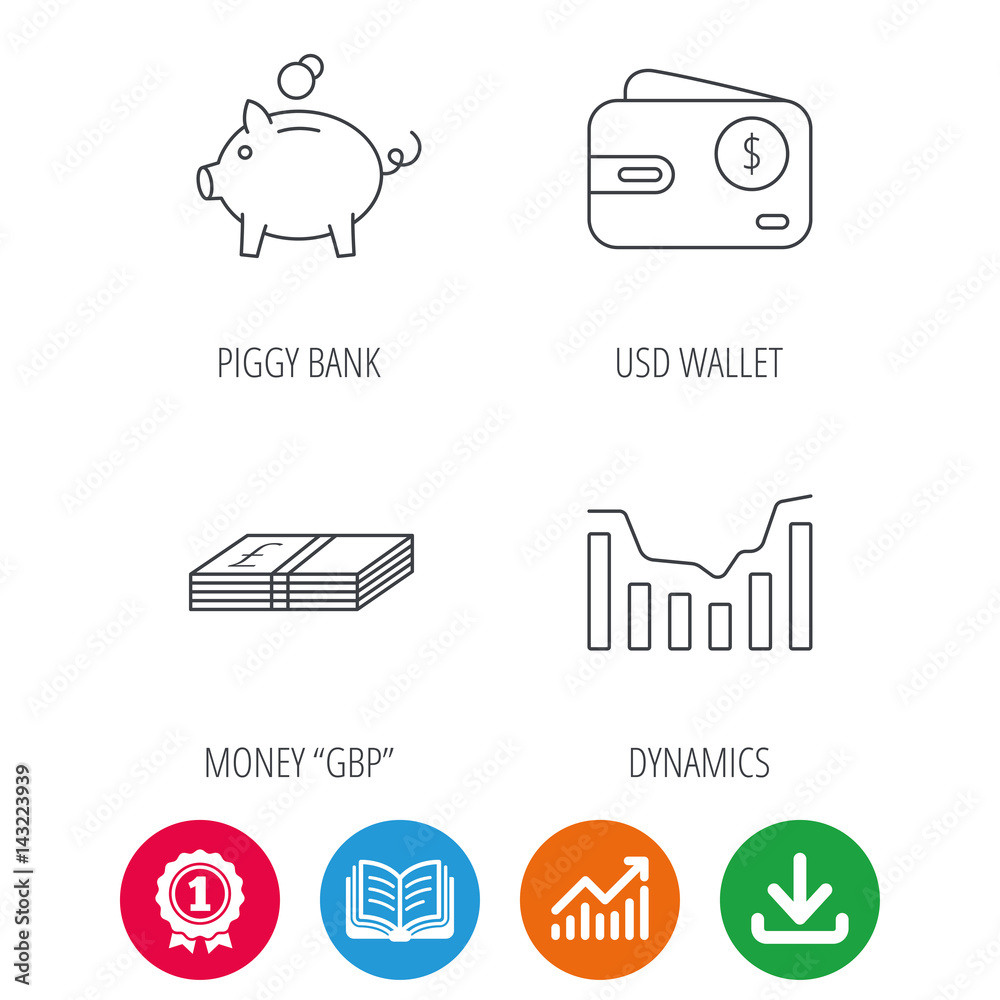 Piggy bank, cash money and dynamics chart icons. USD wallet linear sign. Award medal, growth chart and opened book web icons. Download arrow. Vector