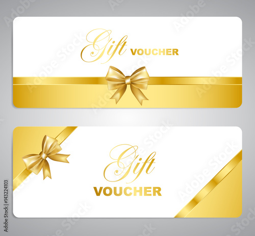 Gift voucher with gold bow and border. Holiday card template set. Vector illustration.