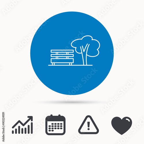 Public park icon. Tree with bench sign. Calendar, attention sign and growth chart. Button with web icon. Vector