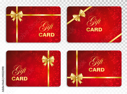 Red gift card with gold ribbon set isolated on transparent background. Vector illustration.