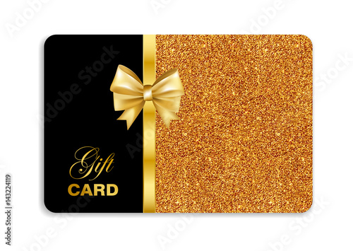 Black gift card with gold bow and glitter texture. Vector illustration.
