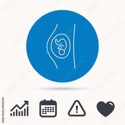 Pregnancy icon. Medical genecology sign. Obstetrics symbol. Calendar, attention sign and growth chart. Button with web icon. Vector