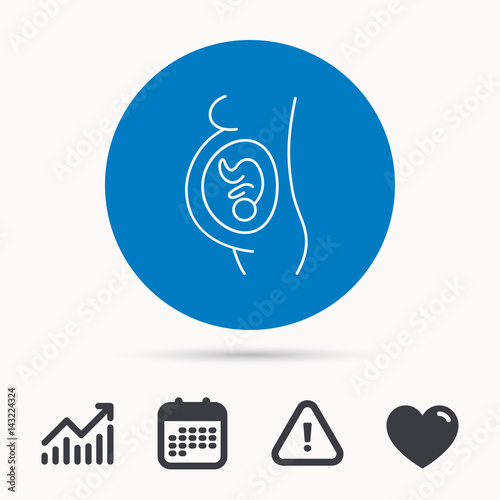 Pregnancy icon. Medical genecology sign. Obstetrics symbol. Calendar, attention sign and growth chart. Button with web icon. Vector photo