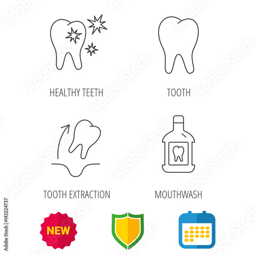 Tooth, mouthwash and healthy teeth icons. Tooth extraction linear sign. Shield protection, calendar and new tag web icons. Vector