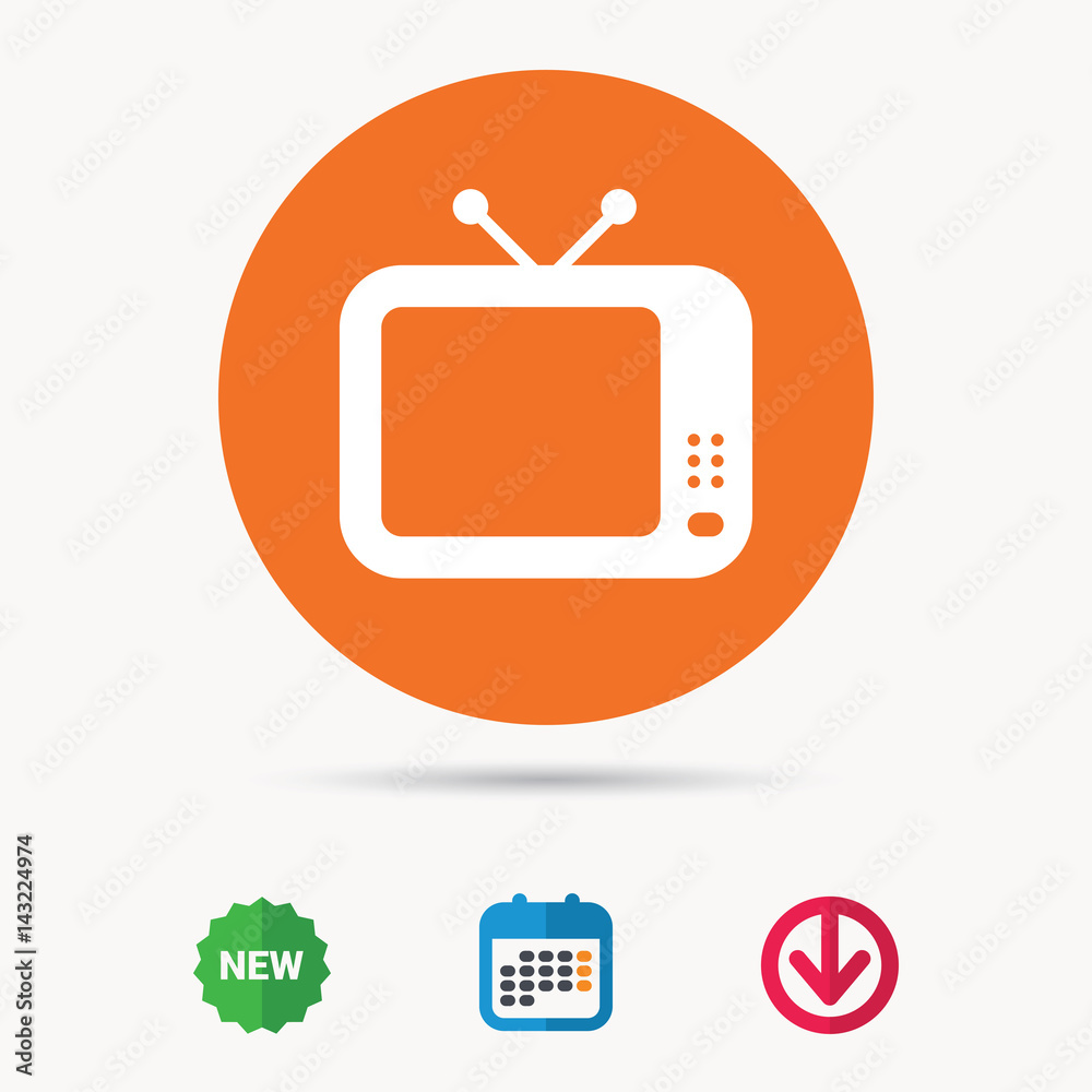 TV icon. Retro television symbol. Calendar, download arrow and new tag signs. Colored flat web icons. Vector