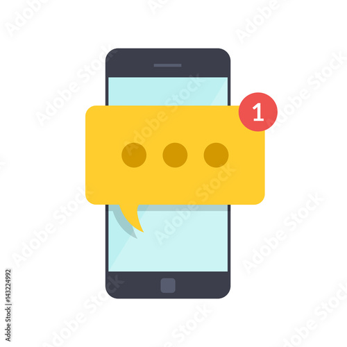 Smartphone with new message on screen. Chat, sms, tweet, instant messaging, mobile messenger concepts for web sites, web banners, printed materials. Flat illustration isolated on white background. photo