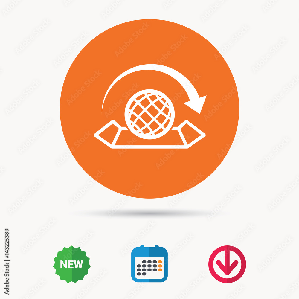 World map icon. Globe with arrow sign. Travel location symbol. Calendar, download arrow and new tag signs. Colored flat web icons. Vector World map icon. Globe with arrow sign. Travel location symbol. Calendar, download arrow and new tag signs. Colored flat web icons. Vector