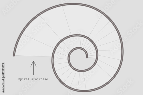Minimalistic black and white illustration of spiral stairs abstract. Flat design vector of round steps with architectural sign 