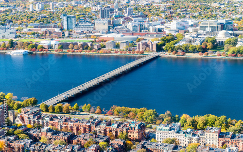 Boston aerial skyline with river and buildings