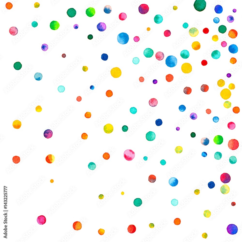 Fototapeta Rzadkie konfetti akwarela na białym tle. Tęczowe kolorowe konfetti losowe rozproszenie akwarela. Kolorowe ręcznie malowane ilustracji.