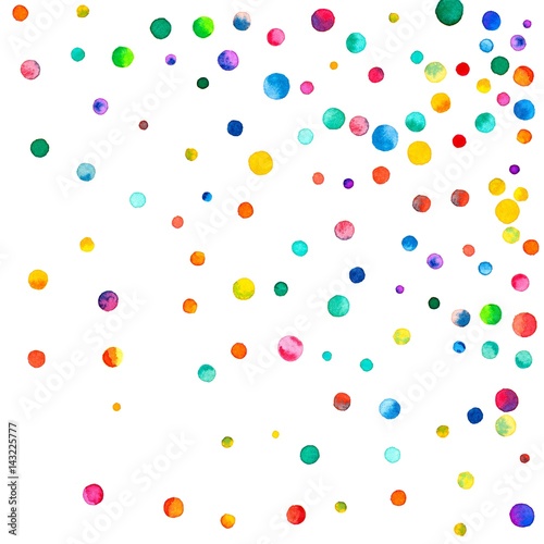 Sparse watercolor confetti on white background. Rainbow colored watercolor confetti random scatter. Colorful hand painted illustration.