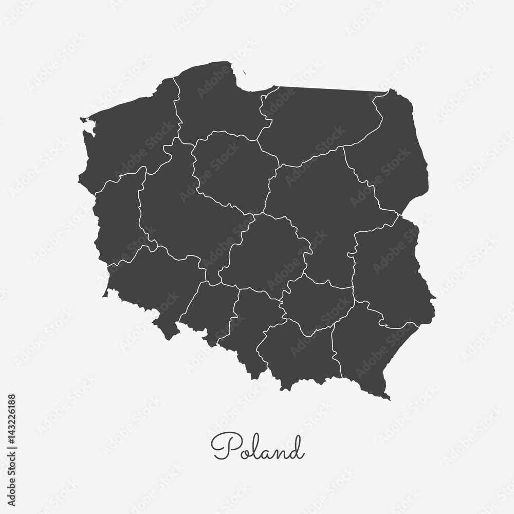 Fototapeta premium Poland region map: grey outline on white background. Detailed map of Poland regions. Vector illustration.