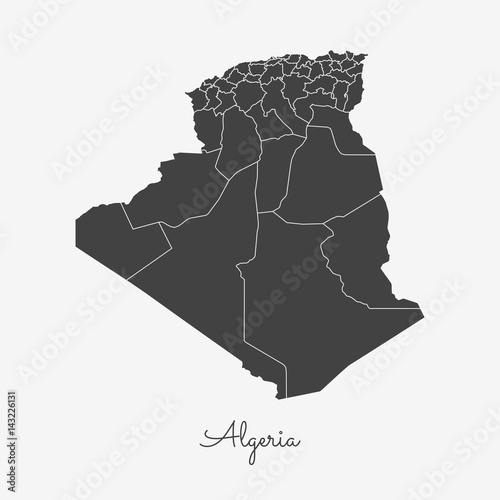 Detailed vector illustration of Algeria's regions with a grey outline on a white background.