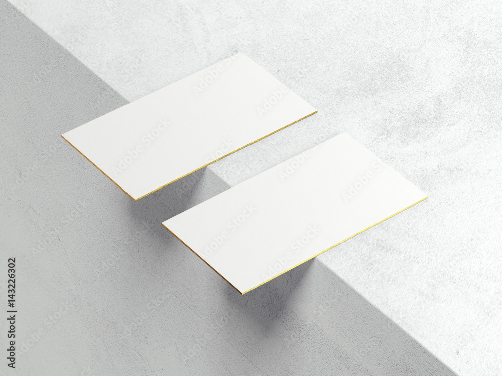 Two blank white business cards on the edge. 3d rendering Two blank white business cards on the edge. 3d rendering