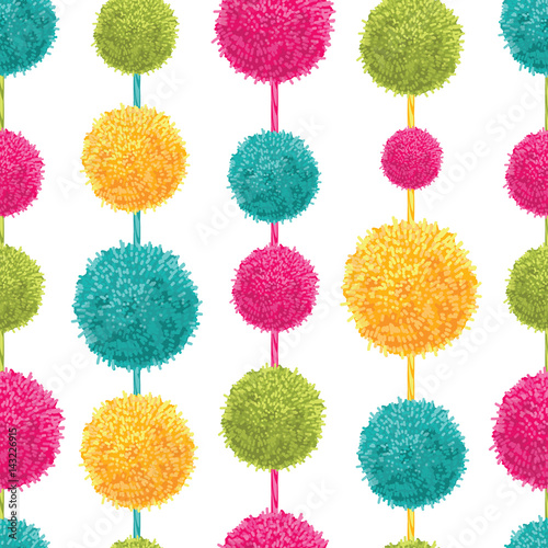 Vector Fun Colorful Decorative Hanging Pompoms Seamless Repeat Pattern. Great for handmade cards, invitations, wallpaper, packaging, nursery designs.