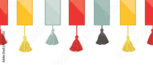 Vector Ribbons With Colorful Decorative Tassels On Ropes Horizontal Seamless Repeat Border Pattern. Great for handmade cards, invitations, wallpaper, packaging, nursery designs.
