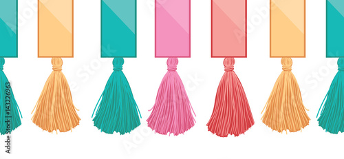 Vector Ribbons With Long Hanging Decorative Tassels Set Horizontal Seamless Repeat Border Pattern. Great for handmade cards, invitations, wallpaper, packaging, nursery designs.