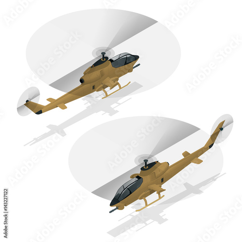 Isometric single-engine attack helicopter. Military air transport. photo