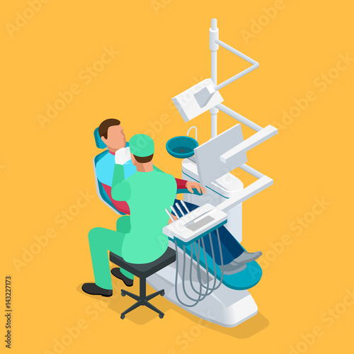 Isometric dentist examining mans teeth in the dentists chair. Medicine concept