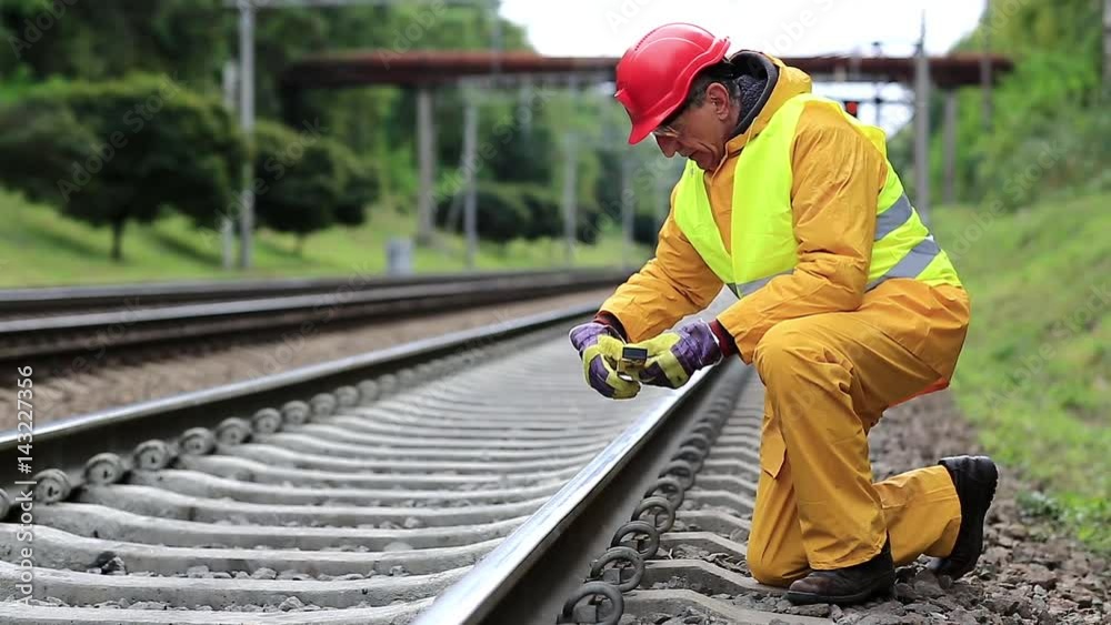 Railway worker in yellow uniform with level measuring instrument on railway line. Railway man in red hard hat sits on railway tracks and looks at the train. Workman with level measuring instrument Railway worker in yellow uniform with level measuring instrument on railway line. Railway man in red hard hat sits on railway tracks and looks at the train. Workman with level measuring instrument