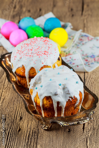 Easter cake and colored eggs photo