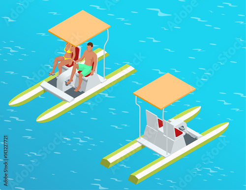 Relax on the paddle boat. Couple on pedalo also called pedal boat on a lake. summer time concept. Flat 3d isometric illustration. For infographics, design and games